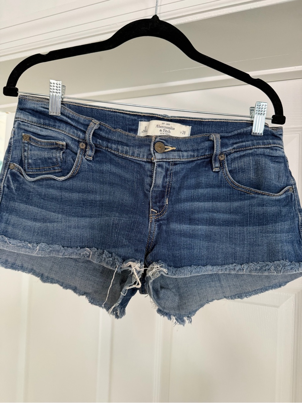 Abercrombie & Fitch Women's Frayed Hem Denim Shorts — Blue
